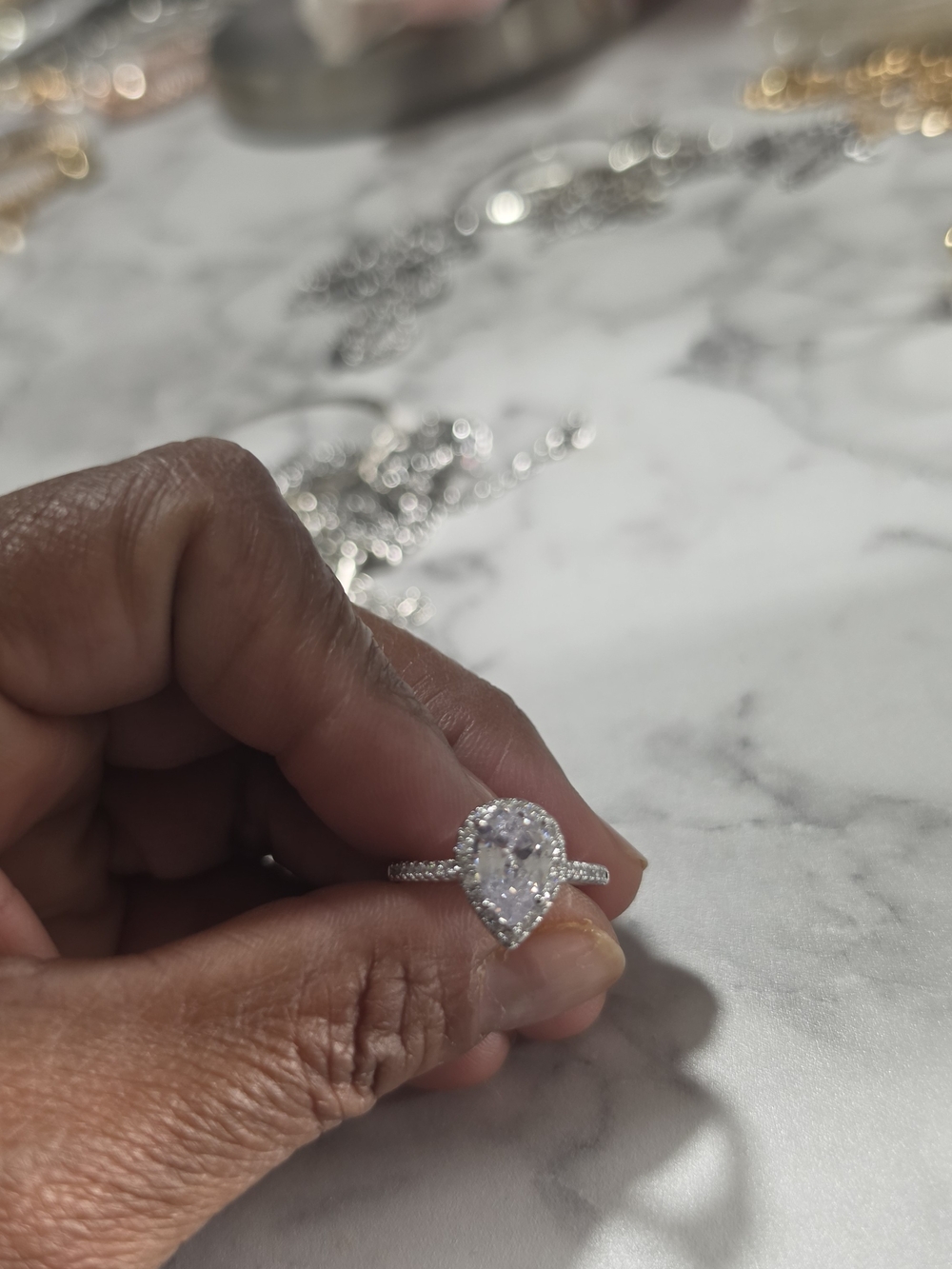 Pear-Cut Halo Engagement Ring in White with Sterling-Tone Band
